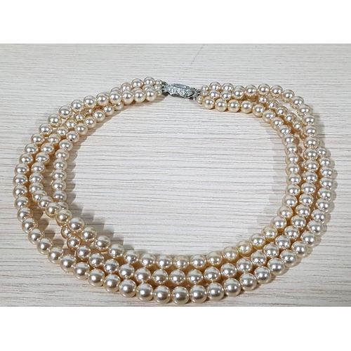 315 - Retro Pearl Costume Jewellery; Triple Strand Necklace with Decorative Clasp (L:43cm) and Pearls / Cr... 