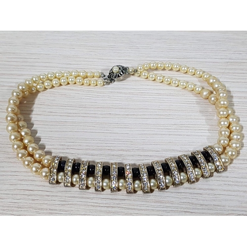 315 - Retro Pearl Costume Jewellery; Triple Strand Necklace with Decorative Clasp (L:43cm) and Pearls / Cr... 