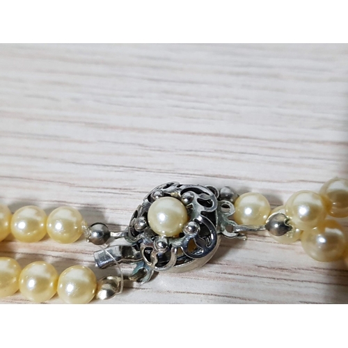 315 - Retro Pearl Costume Jewellery; Triple Strand Necklace with Decorative Clasp (L:43cm) and Pearls / Cr... 