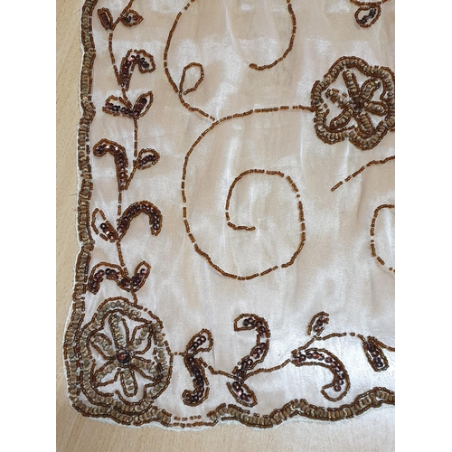 373 - Crafted Table Cover - Decorated with Brown and Gold Small Beads (98 x 98cm)