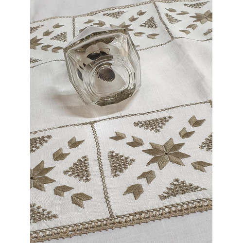 377 - Retro Tableware; Cut Glass Cake Stand (Ø31cm x H:12.5cm) Cotton -Embroidered Table Runner (34 x 88cm... 