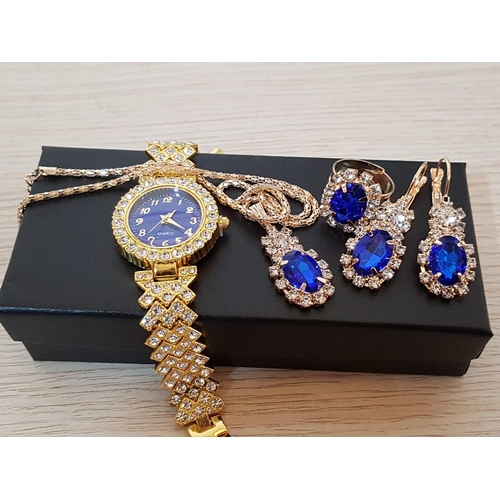 388 - Stylish Costume Jewellery Sets; Gold Tone and Royal Blue and Clear Crystals Each Set; Watch, Pair of... 