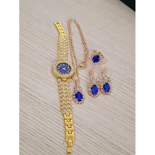 388 - Stylish Costume Jewellery Sets; Gold Tone and Royal Blue and Clear Crystals Each Set; Watch, Pair of... 