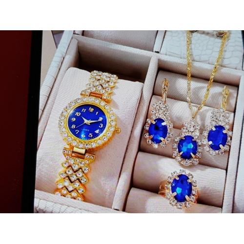 388 - Stylish Costume Jewellery Sets; Gold Tone and Royal Blue and Clear Crystals Each Set; Watch, Pair of... 