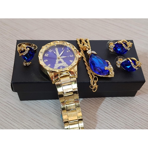 388 - Stylish Costume Jewellery Sets; Gold Tone and Royal Blue and Clear Crystals Each Set; Watch, Pair of... 