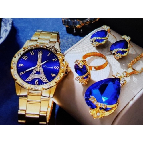 388 - Stylish Costume Jewellery Sets; Gold Tone and Royal Blue and Clear Crystals Each Set; Watch, Pair of... 