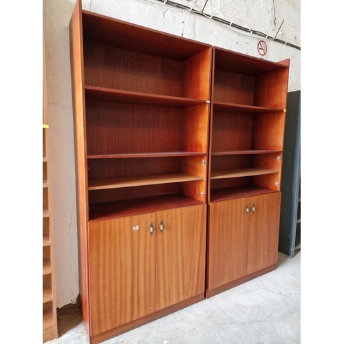 539 - 2 x Wood Effect Display Cabinets with 3-Open Shelves Over Double Cupboards, (Approx. 98 x 42 x 222cm... 