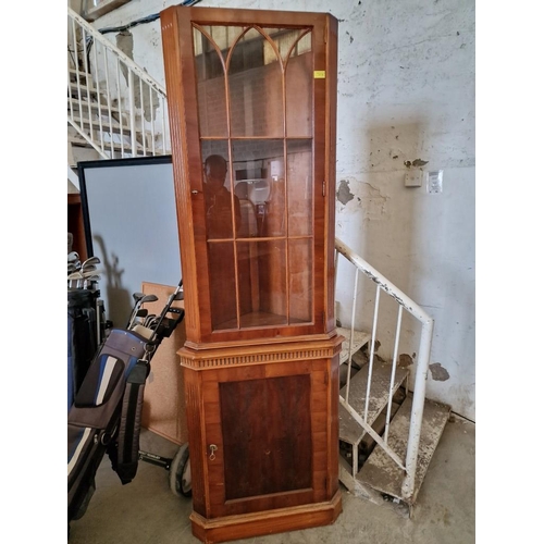 560 - Classical Style Dark Wood Effect Corner Display Cabinet with Glazed Door Over Cupboard and Internal ... 