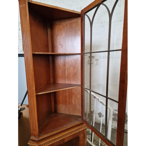 560 - Classical Style Dark Wood Effect Corner Display Cabinet with Glazed Door Over Cupboard and Internal ... 