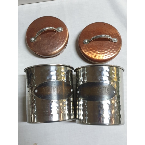 358 - Sugar / Tea / Coffee Set of 3 x Copper / Metal Containers with Lids - Hammered Finish (Ø10cm x H:15c... 