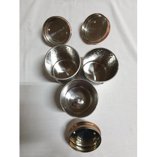 358 - Sugar / Tea / Coffee Set of 3 x Copper / Metal Containers with Lids - Hammered Finish (Ø10cm x H:15c... 