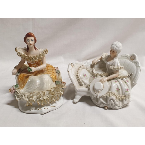 366 - Dresten Lace Style 2 x Porcelain Figurines of Ladies Sitting on Chaise Longue (18 x 15cm and 18 x 12... 