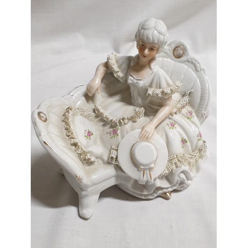 366 - Dresten Lace Style 2 x Porcelain Figurines of Ladies Sitting on Chaise Longue (18 x 15cm and 18 x 12... 