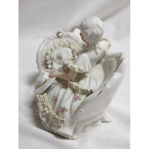 366 - Dresten Lace Style 2 x Porcelain Figurines of Ladies Sitting on Chaise Longue (18 x 15cm and 18 x 12... 