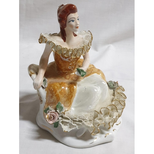 366 - Dresten Lace Style 2 x Porcelain Figurines of Ladies Sitting on Chaise Longue (18 x 15cm and 18 x 12... 