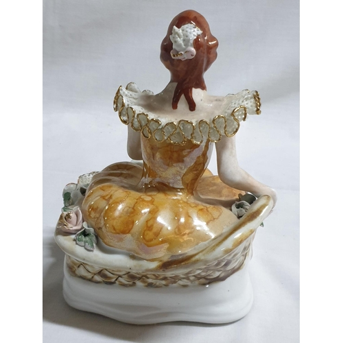 366 - Dresten Lace Style 2 x Porcelain Figurines of Ladies Sitting on Chaise Longue (18 x 15cm and 18 x 12... 