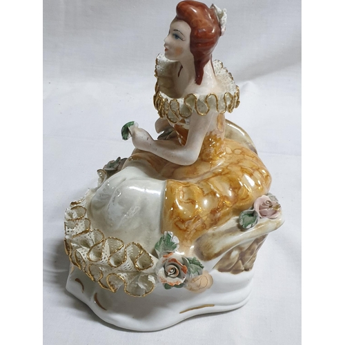 366 - Dresten Lace Style 2 x Porcelain Figurines of Ladies Sitting on Chaise Longue (18 x 15cm and 18 x 12... 