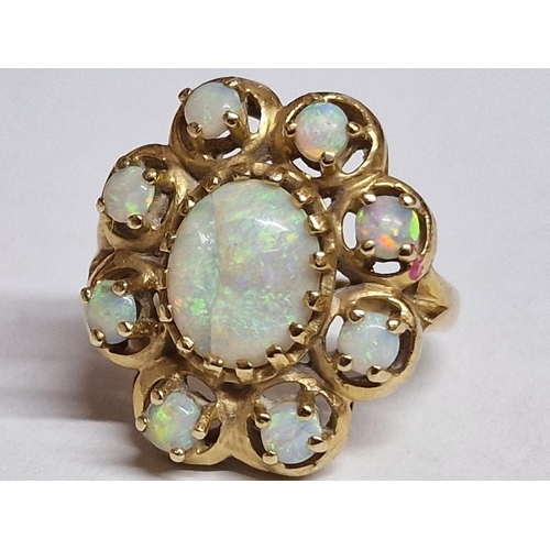 163 - 14ct Gold Ring with Collection of Opals(?), Large Oval Cut Centre Stone and 8 x Surrounding Round, (... 