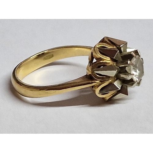 232 - 18ct Gold with Large Round Clear Stone Set in 2-Tone Angular Mount, (Approx. Size: O, 7.1g)