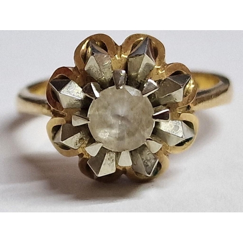 232 - 18ct Gold with Large Round Clear Stone Set in 2-Tone Angular Mount, (Approx. Size: O, 7.1g)