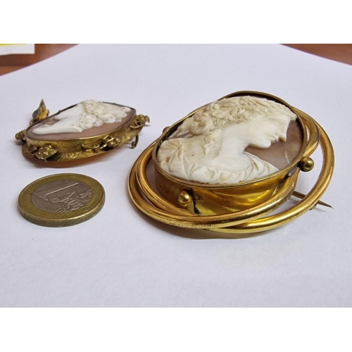 235 - 2 x Vintage Large Cameo Brooches with Gold Plated(?) Surround, (Nb. One A/F, Pin Detached), (Largest... 