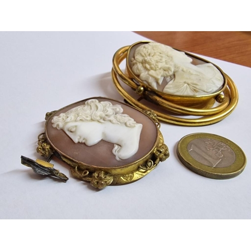 235 - 2 x Vintage Large Cameo Brooches with Gold Plated(?) Surround, (Nb. One A/F, Pin Detached), (Largest... 