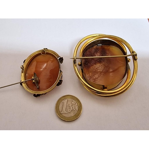 235 - 2 x Vintage Large Cameo Brooches with Gold Plated(?) Surround, (Nb. One A/F, Pin Detached), (Largest... 