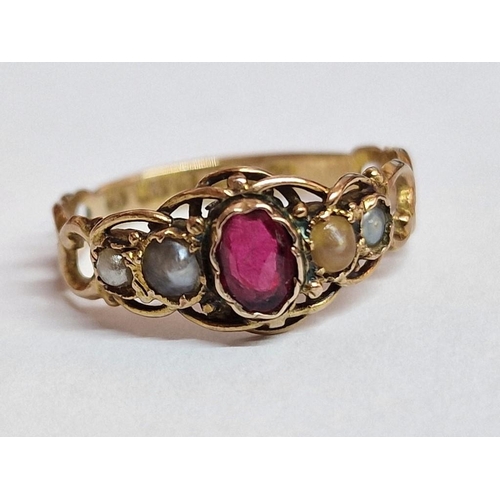 65 - Antique 15ct Gold Ring with Oval Cut Red Stone (Ruby?) and 4 x Seed Pearls(?), (Approx. Size: J, 1.4... 