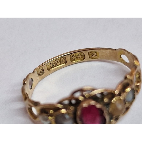 65 - Antique 15ct Gold Ring with Oval Cut Red Stone (Ruby?) and 4 x Seed Pearls(?), (Approx. Size: J, 1.4... 