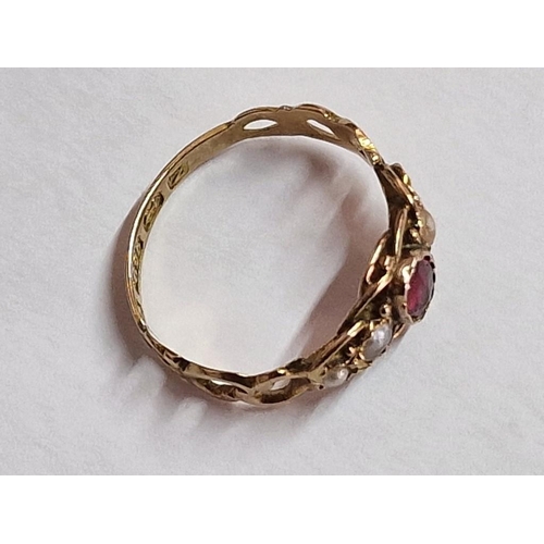 65 - Antique 15ct Gold Ring with Oval Cut Red Stone (Ruby?) and 4 x Seed Pearls(?), (Approx. Size: J, 1.4... 