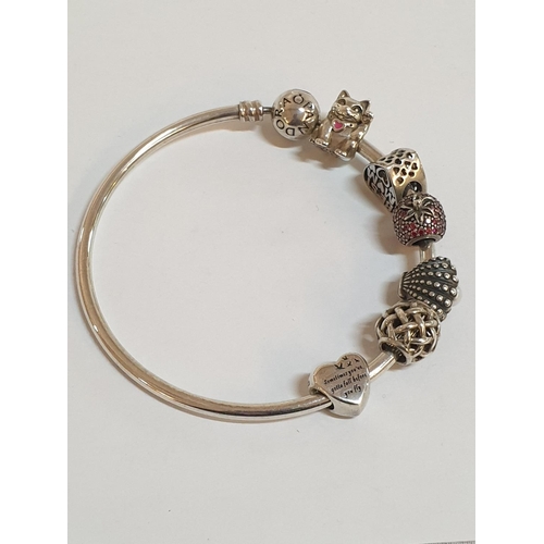 160 - Pandora Bangle Bracelet with 4 x Pandora Silver Charms and 2 x Others, (Approx. Ø: 6cm, Total Weight... 