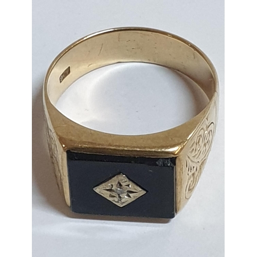 168 - Vintage Marked as 9ct Yellow gold & Black Onyx Signet with Little Diamond in Center and Decorative E... 