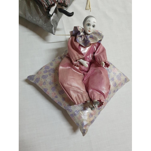 238 - Harlequin on Pillow Vintage Style Porcelain Clown / Pierts on Pillows Ornaments