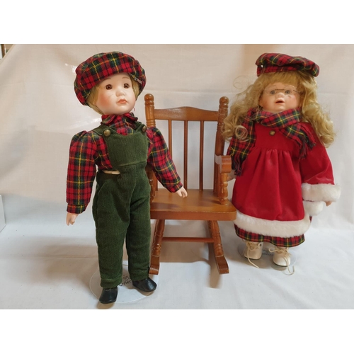 369 - Heritage Mint Collection - Boy and Girl Porcelain Doll (H:38 / H:36cm) Together with Dolls Wooden Ro... 