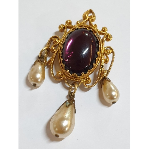 411 - Collection of Vintage Costume Jewellery; 3 x Gold Plated Brooches with Large Stones, Pearls and Larg... 