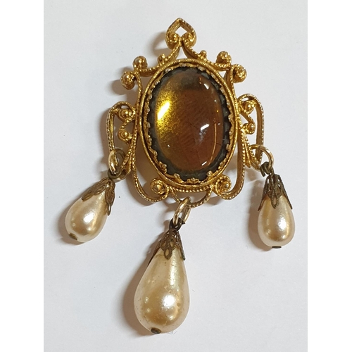 411 - Collection of Vintage Costume Jewellery; 3 x Gold Plated Brooches with Large Stones, Pearls and Larg... 