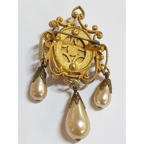 411 - Collection of Vintage Costume Jewellery; 3 x Gold Plated Brooches with Large Stones, Pearls and Larg... 