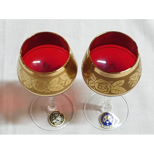 460 - 2 x Sherry Goblets Red and Gold Czech Republic Crystals Goblets, Red Bowl with Gold Floral Pattern a... 