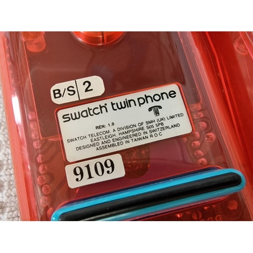 84 - Vintage Swatch Twin Phone, in Red Transparent Plastic with Yellow Push Buttons, (#9109)