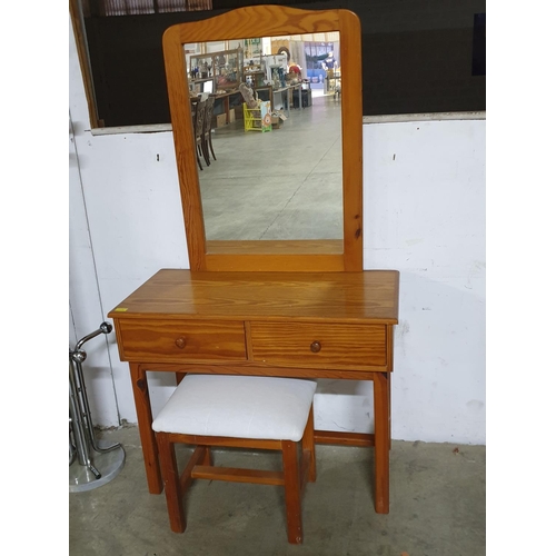 653 - Pine Wooden Dressing Table with Mirror and Matching Stool