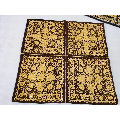 357 - Set of 3 x Large Black / Brown Velvet Pillow Covers Decorated with Oriental Pattern (Gold, Pearls, M... 