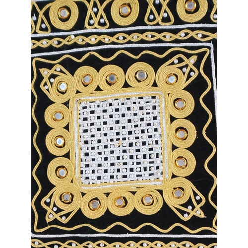 357 - Set of 3 x Large Black / Brown Velvet Pillow Covers Decorated with Oriental Pattern (Gold, Pearls, M... 