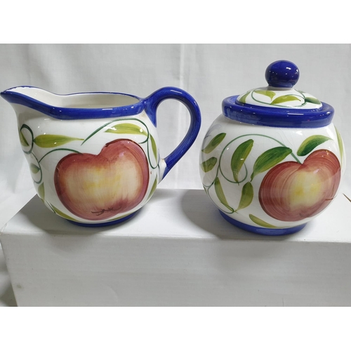 769 - London Pottery Tea Set with Fruit Pattern; Tea Pot, Sugar Bowl with Lid and Cream Jug (3)