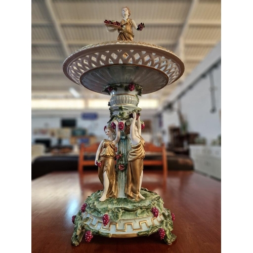 153 - Elaborate Continental Porcelain Table Centrepiece; Raised Bowl with Pierced Rim Over Column Style Pe... 