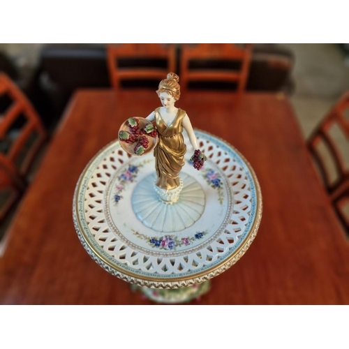 153 - Elaborate Continental Porcelain Table Centrepiece; Raised Bowl with Pierced Rim Over Column Style Pe... 