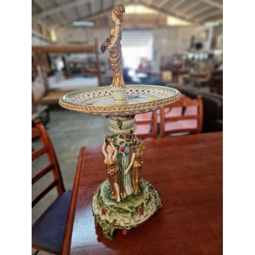 153 - Elaborate Continental Porcelain Table Centrepiece; Raised Bowl with Pierced Rim Over Column Style Pe... 