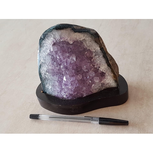 175 - Natural Rough Purple Amethyst Quartz Geode on Wooden Base / Stand, (Approx. 12.5 x 9.5cm), (Total We... 