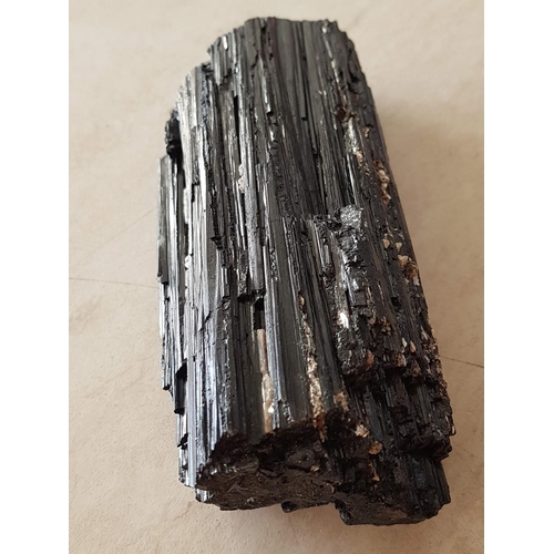 223 - Large Natural Rough Probably Black Tourmaline on Wooden Base / Stand (Approx. 16 x 7cm, Total Weight... 