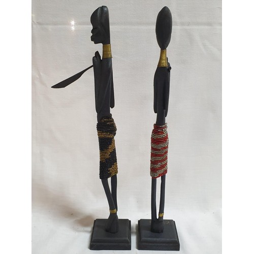 376 - African Wooden Hand Made Figurines of 2 x Neck Ring Women's (H:34.5cm each)