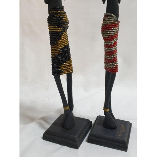 376 - African Wooden Hand Made Figurines of 2 x Neck Ring Women's (H:34.5cm each)